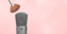 ASMR. Fan Shaped Brush And Microphone On Pink Background With Copy Space. Autonomous Sensory Meridian Response Banner.