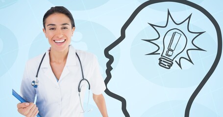 Canvas Print - Portrait of happy caucasian female doctor and human head with light bulb and exclamation mark