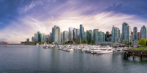 Wall Mural - Panoramic View of Coal Harbour, Marina and Stanley Park. Sunrise Sky Art Render. Downtown Vancouver, British Columbia, Canada.