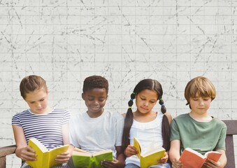 Group of diverse students reading books against textured white lined paper background