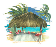 A Beach Bar With A Roof Of Dry Branches, With Palm Trees, Pink Flamingos And A Watercolor Background. An Illustration From A Large CUBA Set. For Decoration, Design Of Postcards, Posters, Souvenirs.