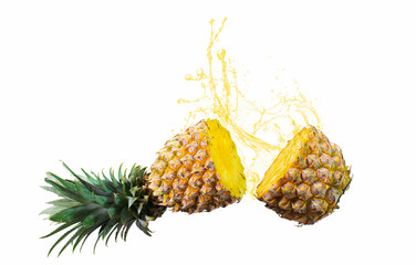 Pineapple, cut in half in mid-air, with water or splash. Ripe fruit is not peeled. on a white background