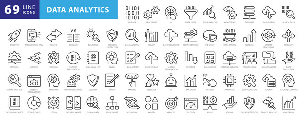 Big data analysis thin line icon set. Data processing outline pictograms for website and mobile app GUI. Digital analytics simple UI, UX vector icons