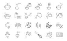 Oatmeal Doodle Illustration Including Icons - Oat Porridge Bowl, Muesli, Granola, Grain, Jug, Boiled Rice Water Pot, Healthy Meal, Wheat, Whisk. Thin Line Art About Breakfast Food. Editable Stroke