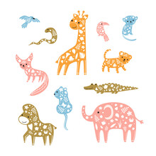 Cute Decorative Safari Animals Set. Baby Giraffe, Zebra, Elephant, Monkey, Fennec Fox, Crocodile, Tiger Hand Drawn In Doodle Style Isolated On White Background. Vector Illustration For Kids Textile