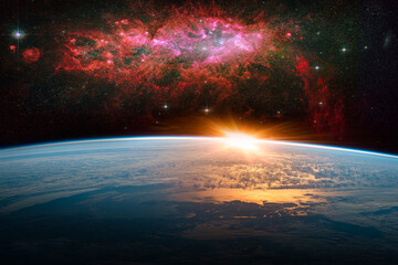 Wall Mural - landscape with milky way galaxy. sunrise and earth view from space with milky way galaxy. (elements 