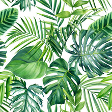 Tropical Green Leaves, Watercolor Floral Seamless Patterns. Pattern