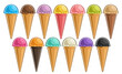 Vector Ice Cream Set, lot collection of cut out different illustrations of refreshing scoop ball ice creams, icon set of colorful cold soft icecreams in waffle cones on white background