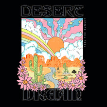 Desert Dream Vector Graphic, Sunset The Desert Vibes In Arizona, Desert Vibes Vector Graphic Print Design For Apparel, Stickers, Posters, Background And Others. Outdoor Western Vintage Artwork. 