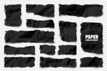 Wall Mural - Black ripped paper strips. Realistic crumpled paper scraps with torn edges. Shreds of notebook pages. Vector illustration