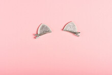 Children's Hair Accessories. Hairpins In The Form Of Cat Ears On A Pink Background. Little Girls Accessories, Flat Lay