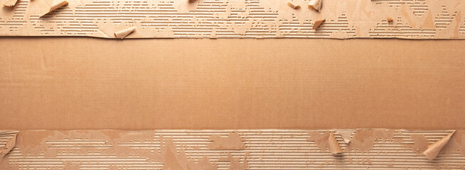 Poster - Cardboard torn paper background texture. Brown paper border