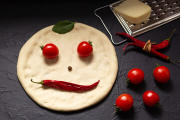 Poster - Pizza or dough for bread with ingredients at table. Pizza recipe homemade at tabletop background