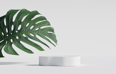 Wall Mural - 3D podium display white background with green monstera palm leaf. Pedestal stand for beauty, cosmetic product promotion. Summer, Exotic leaves, nature jungle abstract 3D render mockup backdrop advert