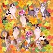 Fashionable cats in zinnia flower hats sit among fallen autumn leaves and flowers. Seamless bright animal print for fabric with the symbols of the Chinese New Year 2023.