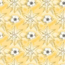 A Repeating Pattern With Outlined Lily And Cinquefoil Flowers On A Sandy Yellow Background. Great Seamless Natural Print For Fabric. Botanical Pattern In Vector.