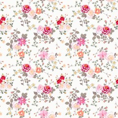 Wall Mural - Seamless natural fabric print with lovely bouquets of roses, zinnias, cinquefoil, freely arranged on a white background in vector. Romantic pattern for curtains, clothes, bed linen.