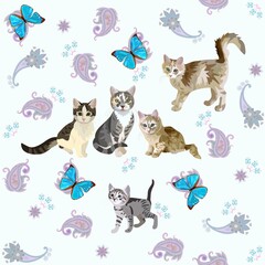 Wall Mural - Seamless print with cute cats, fluttering blue butterflies and paisley ornament isolated on white background. Romantic bed linen print with Chinese New Year 2023 symbols.