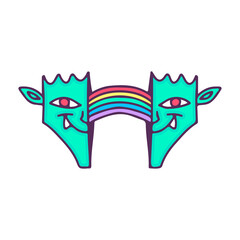 Two half of funny goblin head with rainbow inside, illustration for t-shirt, street wear, sticker, or apparel merchandise. With doodle, retro, and cartoon style.