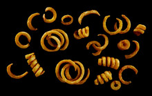 Delicious Curly Fries On Black Background