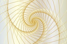 Twisted Abstract Wireframe Tunnel. The Gold Spiral Line, Golden Ratio On The White Gold Background. Vector Illustration.