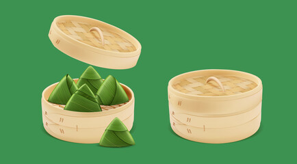 Poster - Realistic Detailed 3d Bamboo Steamer with Lid and Rice Dumplings Set Open and Closed View Dragon Boat Festival Concept . Vector illustration of Zongzi