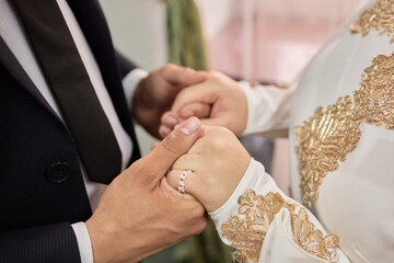 National wedding. Bride and groom. Wedding muslim couple during the marriage ceremony. Muslim marriage.