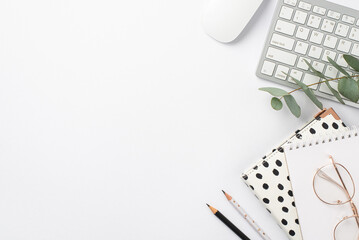 Business concept. Top view photo of workstation keyboard computer mouse black and white stationery planners pencils stylish glasses and eucalyptus on isolated white background with copyspace