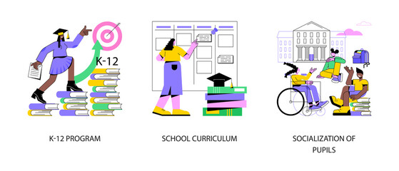 Education program abstract concept vector illustration set. K-12 program, school curriculum, pupils socialization, public school, learning calendar, academic course, play together abstract metaphor.