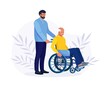 © Nadezhda Buravleva - Doctor or nurse, relative pushing wheelchair with sick or disabled old man. Elderly person receiving help, care. Volunteer taking care about  handicapped senior patient. Vector design