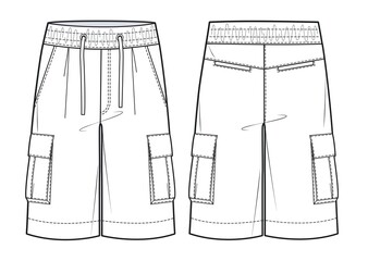 Sticker - Men's Cargo Shorts fashion flat technical drawing template. Short Pants, fashion flat sketch, front and back view, white.