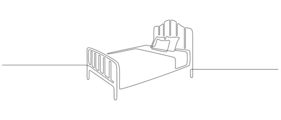 Aufkleber - Continuous one line drawing of double bed. Scandinavian stylish furniture for cozy loft bedroom in simple linear style. Editable stroke. Doodle vector illustration