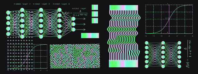 Aufkleber - Set of mathematical and neural network related schemes and graphs on a dark background.