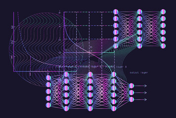 Aufkleber - Set of mathematical and neural network related schemes and graphs on a dark background.
