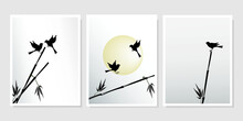 Birds, Reeds And The Sun Isolated On Light Grey Background. Vector Silhouette Wall Art Drawings Set For Wall Design, Wallpapers, Poster, Covers, Other.