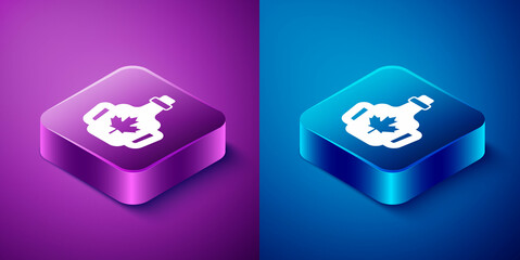 Wall Mural - Isometric Bottle of maple syrup icon isolated on blue and purple background. Square button. Vector