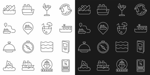 Sticker - Set line Cruise ticket, Brochure, Beach pier dock, Cocktail, Location with cruise ship, Ship line path, Sinking and Coconut cocktail icon. Vector