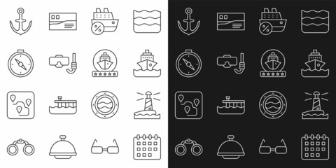 Canvas Print - Set line Calendar, Lighthouse, Cruise ship, Diving mask and snorkel, Compass, Anchor and icon. Vector