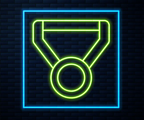 Sticker - Glowing neon line Medal icon isolated on brick wall background. Winner symbol. Vector