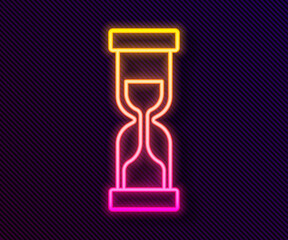 Poster - Glowing neon line Old hourglass with flowing sand icon isolated on black background. Sand clock sign. Business and time management concept. Vector