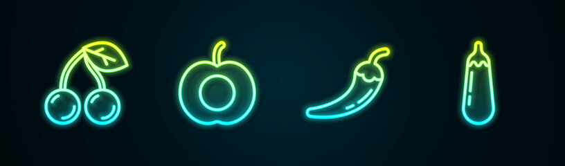 Wall Mural - Set line Cherry, Peach fruit, Hot chili pepper pod and Eggplant. Glowing neon icon. Vector