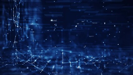 big data technology concept. Interconnected polygons form a prominent sphere in the center with a grid of binary coded icons surrounding slow moving on a dark blue background. data processing analysis