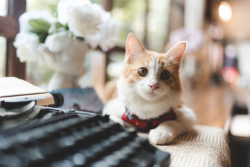 pet portrait of cute brown cat on table cafe, beautiful white fur kitten mammal animal background concept, adorable fluffy face and pretty eye tabby