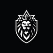 Lion king silhouette logo design. Lion head, shield and crown vector illustration on dark background