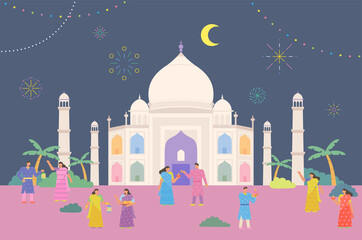 Wall Mural - Many people enjoying the festival in front of the Taj Mahal in India. flat design style vector illustration.