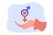 Gender equality sign on hand flat vector illustration. Human right, balance, feminism, diversity, freedom, respect concept for banner, website design or landing web page