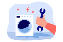 Broken Washing Machine And Hand With Wrench. Repairman Fixing Household Appliances Flat Vector Illustration. Occupation, Maintenance, Service Concept For Banner, Website Design Or Landing Web Page
