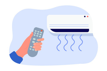 Air conditioning remote control in hand flat vector illustration. Heat, power, climate, weather, electricity, device, temperature concept for banner, website design or landing web page