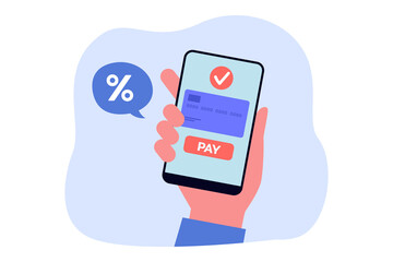 Wall Mural - online banking app on mobile screen flat vector illustration. person paying bills over phone with co