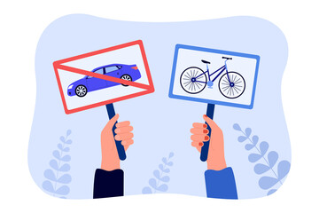 Wall Mural - Road signs in human hands flat vector illustration. Sign prohibiting passage of cars and bicycle sign. Vehicle, transportation, information concept for banner, website design or landing web page